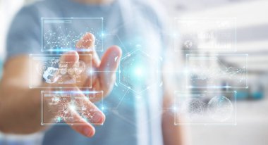 İşadamı hologramlar veriler 3d render ile dijital ekranlar arabirimini kullanarak arka plan bulanık üzerinde