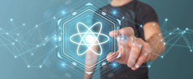 İşadamı modern molekül yapısı 3B oluşturmayı kullanarak arka plan bulanık üzerinde