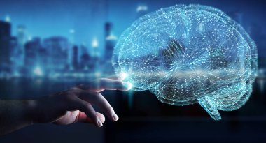 İnsan beyninin 3d render Dijital 3d projeksiyon kullanarak arka plan bulanık üzerinde işadamı