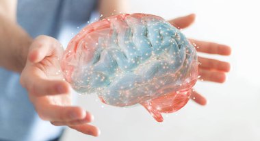 İnsan beyninin 3d render Dijital 3d projeksiyon kullanarak arka plan bulanık üzerinde işadamı