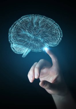 İşkadını Dijital 3d projeksiyon insan beyninin 3B oluşturmayı kullanarak arka plan bulanık üzerinde