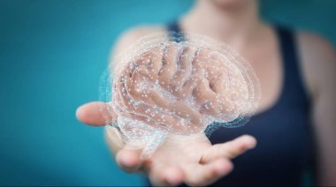 İşkadını Dijital 3d projeksiyon insan beyninin 3B oluşturmayı kullanarak arka plan bulanık üzerinde