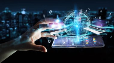 Modern cihazlarla 3d render iş kadını elinde birbirine bağlı