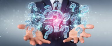 İşadamı bulanık arka plan dijital soru işaretleri 3d render ile sorun çözme