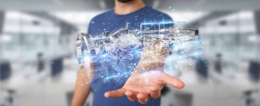 Max, bir motorun tel kafes sanal 3d dijital projeksiyon kullanarak arka plan bulanık üzerinde işadamı