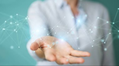 İşkadını fütüristik bağlantı arabirimi 3d rendering kullanarak arka plan bulanık üzerinde