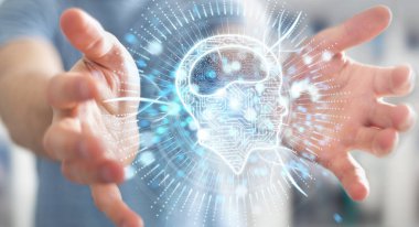 İşadamı dijital yapay zeka simgesi hologram 3B oluşturmayı kullanarak arka plan bulanık üzerinde