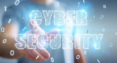 Siber Güvenlik metin hologram 3B oluşturmayı kullanarak arka plan bulanık üzerinde işadamı