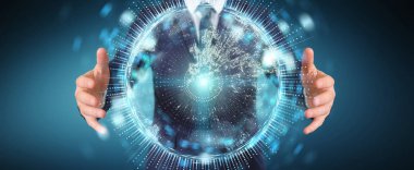 İşadamı üzerinde küre ağ hologram Avrupa ile harita 3B oluşturmayı kullanarak arka plan bulanık