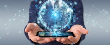 İşadamı üzerinde küre ağ hologram Avrupa ile harita 3B oluşturmayı kullanarak arka plan bulanık