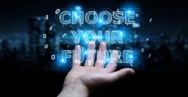 İşadamı gelecek metin arabirimi 3d rendering kullanarak arka plan bulanık üzerinde