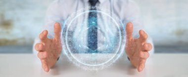 İşadamı dijital küre bağlantısı hologram 3B oluşturmayı kullanarak arka plan bulanık üzerinde