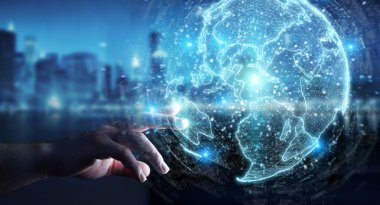 İşadamı üzerinde küre ağ hologram Amerika ABD harita 3d render ile kullanarak arka plan bulanık