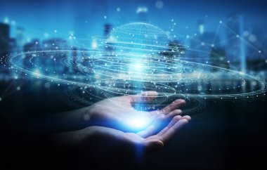 İşkadını dijital küre bağlantısı hologram 3B oluşturmayı kullanarak arka plan bulanık üzerinde