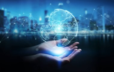 İşkadını üzerinde küre ağ hologram Amerika ABD harita 3d render ile kullanarak arka plan bulanık