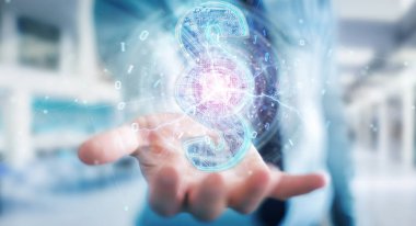 İşadamı 3d işleme dijital paragraf hukuk simgesini kullanarak arka plan bulanık üzerinde