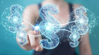 İşkadını 3d işleme dijital paragraf hukuk simgesini kullanarak arka plan bulanık üzerinde