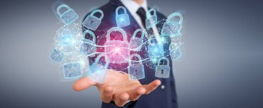 Arka plan bulanık 3d render üzerinde işadamı tarafından kullanılan web güvenlik koruma arayüzü