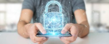 İşadamı tarafından cep telefonu 3d render güvenliğini sağlamak için kullanılan web güvenlik koruma arayüzü