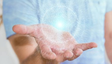 Dijital ağ bağlantısı küre 3B oluşturmayı kullanarak arka plan bulanık üzerinde işadamı