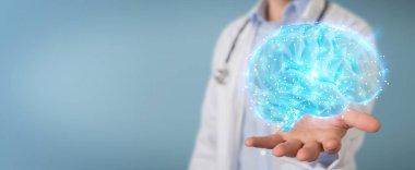 Dijital beyin taraması hologram 3B oluşturmayı kullanarak arka plan bulanık doktor