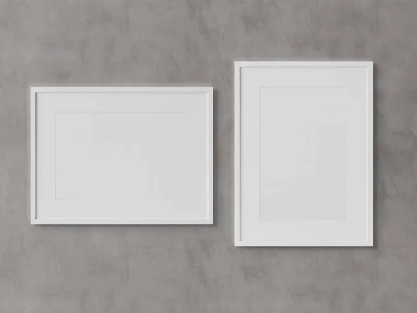 モックアップの レンダリング テクスチャ白壁に掛かっている白い長方形フレーム — ストック写真