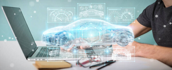 Graphic designer on blurred background modern smart car interface 3D rendering