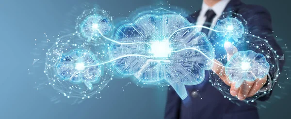 Geschäftsmann Auf Verschwommenem Hintergrund Schafft Künstliche Intelligenz Einem Digitalen Gehirn — Stockfoto