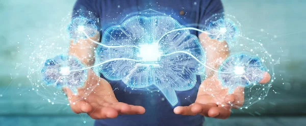 Бизнесмен Размытом Фоне Создает Искусственный Интеллект Цифровом Рендеринге Мозга — стоковое фото