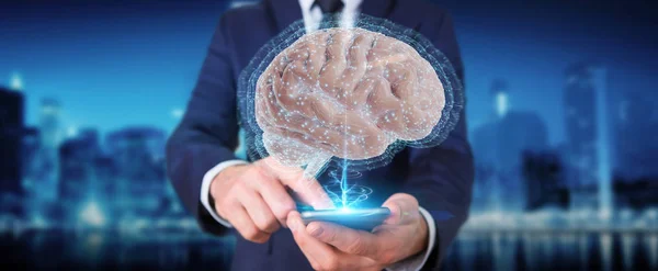 Businessman Using Digital Projection Human Brain Mobile Phone Rendering — Stock Photo, Image