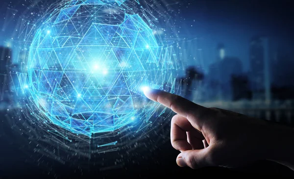Digitális Háromszög Robbanó Gömb Hologram Rendering Segítségével Elmosódott Háttér Üzletember — Stock Fotó