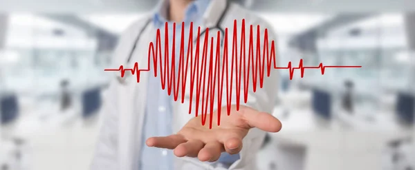 Doctor Blurred Background Holding Heartbeat Digital Interface Rendering — Stock Photo, Image