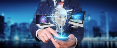 İşadamı üzerinde beyaz insanımsı modern cihazlarla 3d render kontrol kullanarak arka plan bulanık