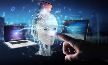 İşadamı üzerinde beyaz insanımsı modern cihazlarla 3d render kontrol kullanarak arka plan bulanık