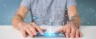 İnce çizgi simgesini proje planı sunusu istimal hareket eden telefon ile işadamı