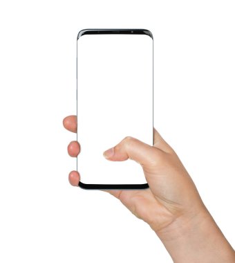 Modern smartphone 3d render beyaz arka plan üzerinde tutan izole kadın el