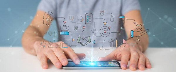 Бизнесмен с использованием тонкой линии иконки презентации плана проекта с мобильным телефоном
