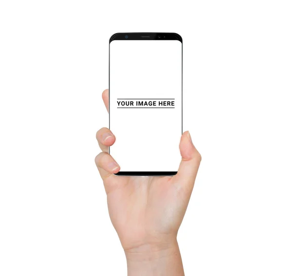 Kobieta Białym Tle Ręka Trzyma Nowoczesny Smartfon Białym Tle Renderowania — Zdjęcie stockowe