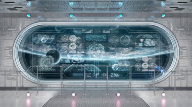 Beyaz uzay gemisi uzayda kontrol paneli dijital ekranlarıyla 3B görüntüleme