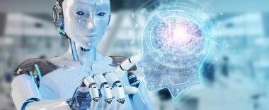 Cyborg bulanık arka planda yapay zeka 3d render oluşturma