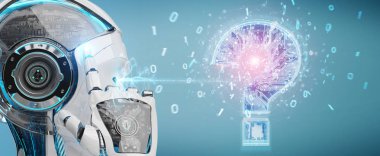 Cyborg bulanık arka plan dijital soru işaretleri 3d render ile sorun çözme