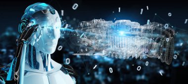 Cyborg tel kafes sanal 3d dijital projeksiyon bir Engine kullanarak arka plan bulanık üzerinde