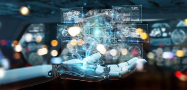 Cyborg tel kafes sanal 3d dijital projeksiyon bir Engine kullanarak arka plan bulanık üzerinde