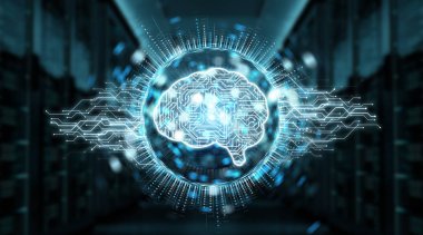 Dijital yapay zeka simgesi hologram üzerinde mavi sunucu arka plan 3d render