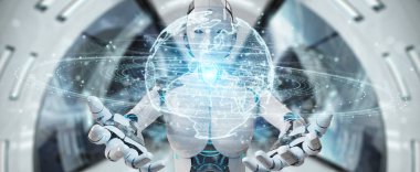 Dünya ağ hologram Avrupa ile harita 3B oluşturmayı kullanarak arka plan bulanık beyaz insansı kadınlarda
