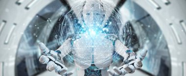 Dijital üçgen patlayan küre hologram 3B oluşturmayı kullanarak arka plan bulanık beyaz robot kadına