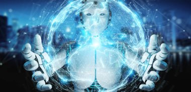 Dijital küre bağlantısı hologram 3B oluşturmayı kullanarak arka plan bulanık beyaz robot kadına