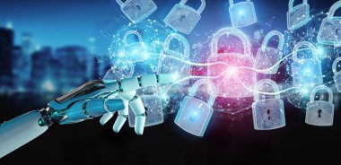 Arka plan bulanık 3d render robot tarafından kullanılan web güvenlik koruma arayüzü