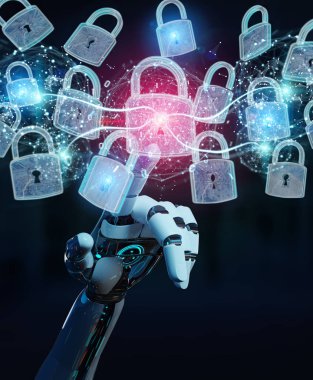Arka plan bulanık 3d render robot tarafından kullanılan web güvenlik koruma arayüzü