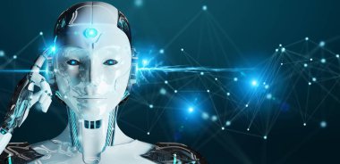 Dijital ağ bağlantısı 3B oluşturmayı kullanarak arka plan bulanık beyaz kadın robot